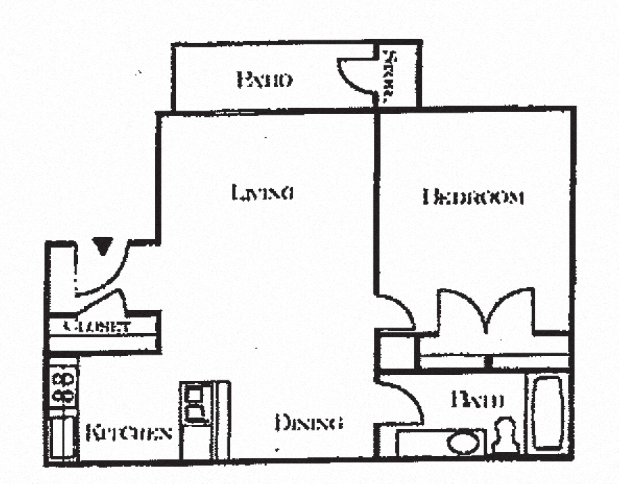 Floor plan for 1 bed, 1 bath, 750 sqft